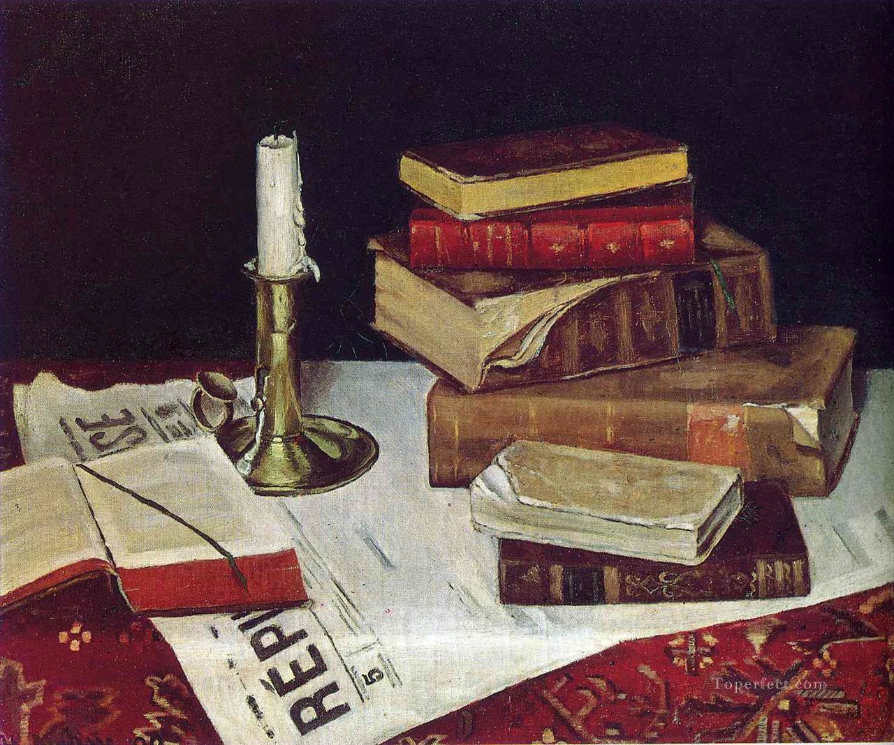 本とキャンドル 1890 年の静物画油絵